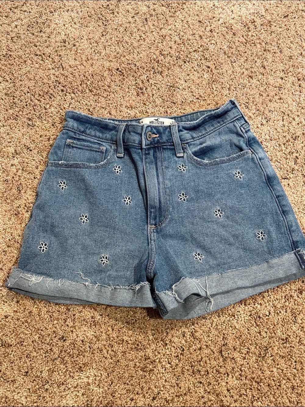 Hollister Blue Denim Floral Embroidered Roll-Cuff Shorts